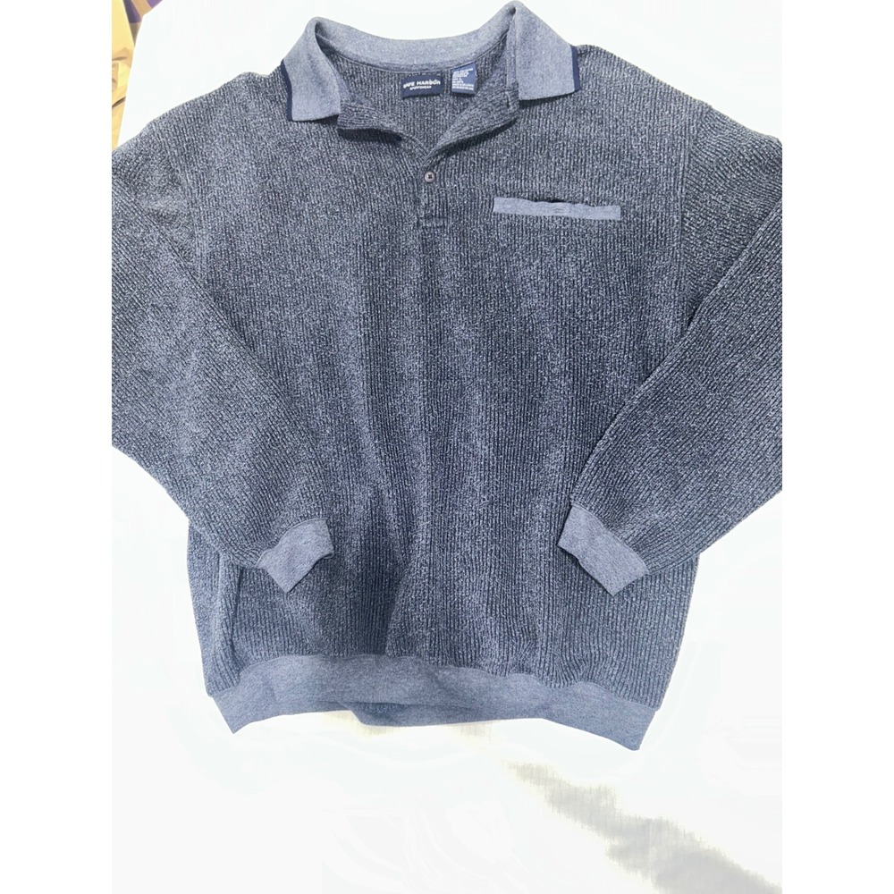 Safe Harbor Sportswear Mens Large Blue Ribbed Chenille Knit Polo Pullover‎ Shirt